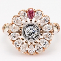 Venus pear and round cut pink and white diamond flower ring