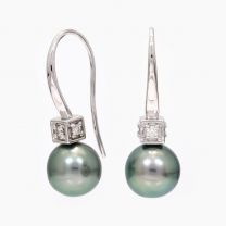 Corsica  black Tahitian pearl and white diamond shepherd hook earrings