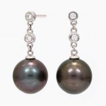 Navagio black Tahitian pearl and white bezel set diamond drop stud earrings