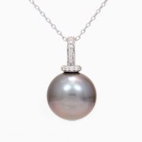 Bonaire black Tahitian pearl and white diamond drop necklace