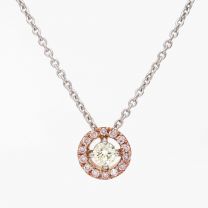 Saffron Agyle pink diamond halo pendant