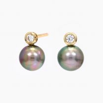Azalea black Tahitian pearl and white diamond stud earrings