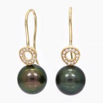 Estelle black Tahitian pearl and white diamond shepherd hook earrings
