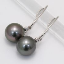 Lux black Tahitian Pearl and white diamond shepherd hook earrings