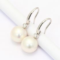 Frost white South Sea pearl and white diamond shepherd hook earrings