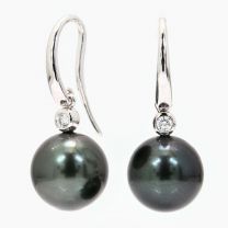 Frost black Tahitian pearl and white diamond hook earrings