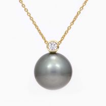 Azalea black Tahitian pearl and white diamond necklace